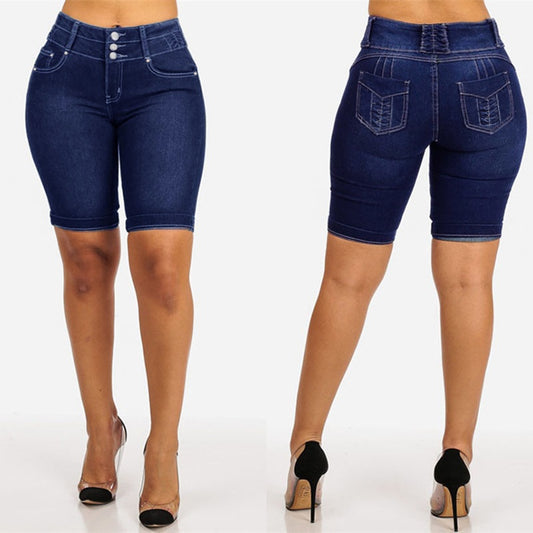 Damen Jeansbermuda mit hohem Bund und Knopfdetail Stalluxe