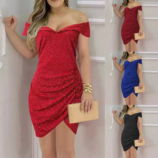 Damen schickes Wickelkleid mit Off-Shoulder Design und Raffungen Stalluxe