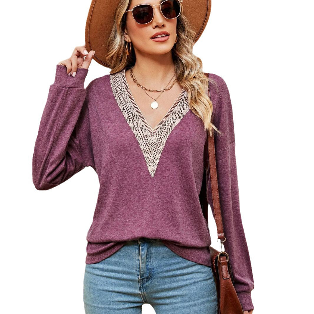 Damen V-Ausschnitt Pullover mit Spitzenakzenten und lässigem Schnitt Stalluxe