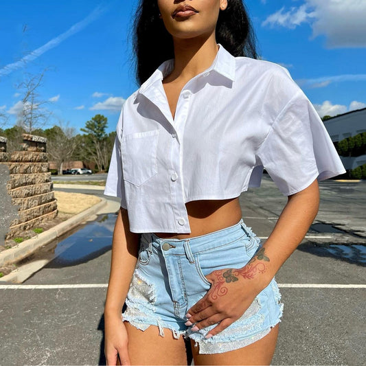 Damen Kurzarm Bluse im lässigen Schnitt mit aufgesetzter Tasche Stalluxe