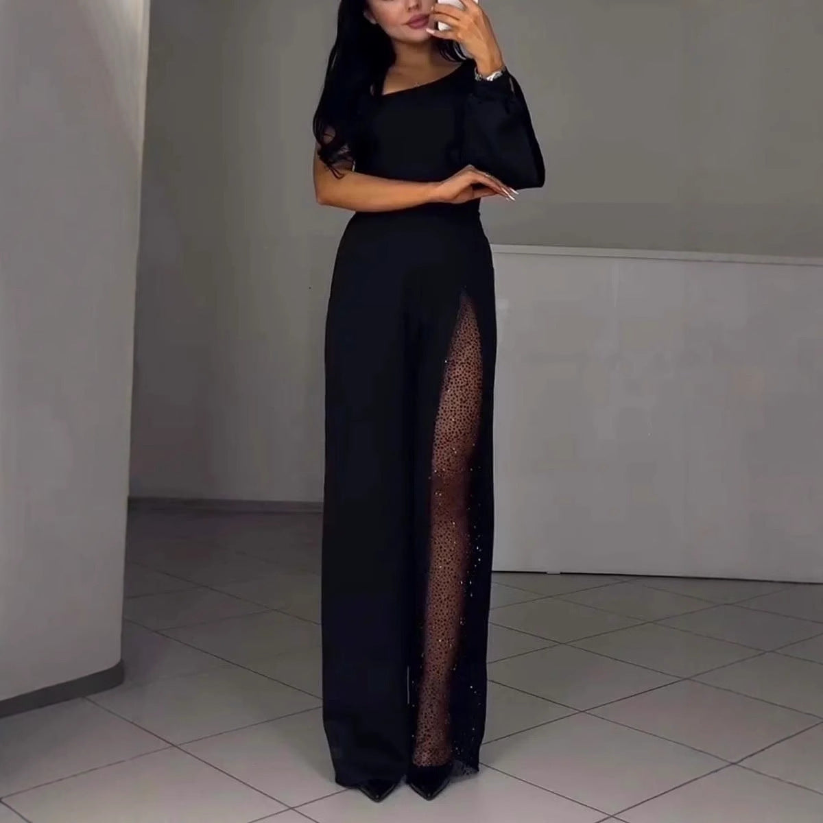 Women's Asymmetrical One-Shoulder Jumpsuit with Sequined Panel Stalluxe