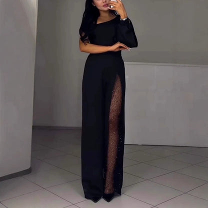 Women's Asymmetrical One-Shoulder Jumpsuit with Sequined Panel Stalluxe