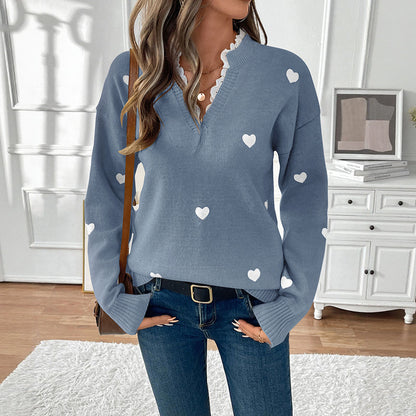 Damen Strickpullover mit Herzmuster und V-Ausschnitt Stalluxe