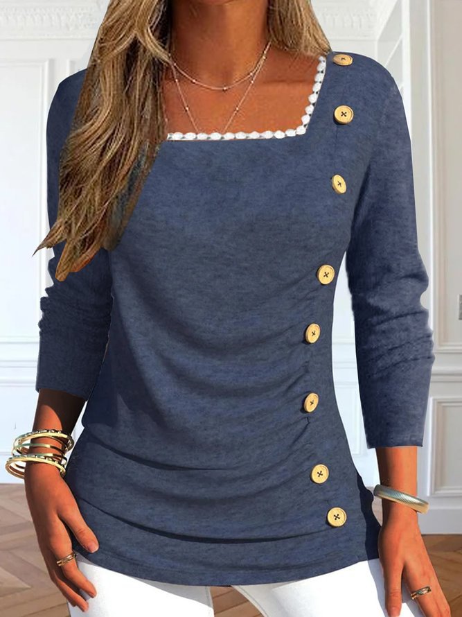 Damen Langarmshirt mit quadratischem Ausschnitt und dekorativen Knopfdetails Stalluxe