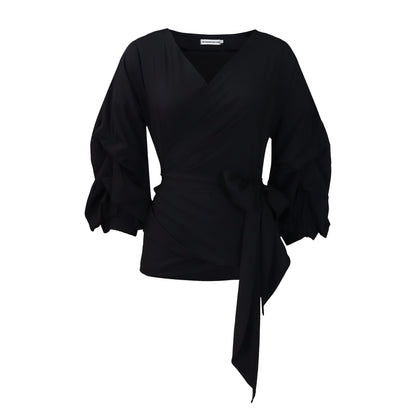 Damen Wickelbluse mit voluminösen Ärmeln und Taillengürtel Stalluxe