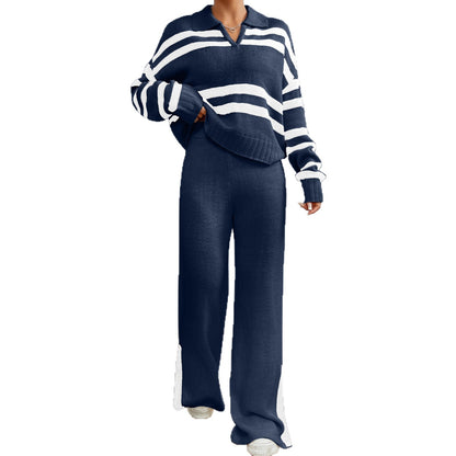 Damen Lässiges Strick-Outfit mit Polo-Kragen und gestreiftem Design Stalluxe