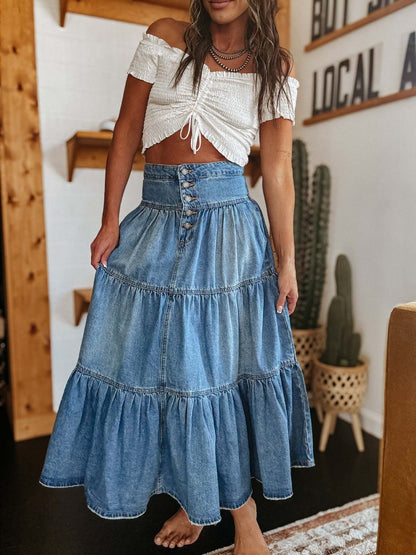 Damen Denim Maxirock mit Volant und Knopfleiste Stalluxe