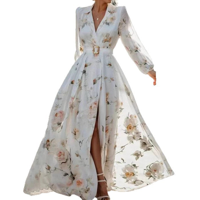 Damen Elegantes Maxikleid mit floralen Applikationen und tiefem V-Ausschnitt Stalluxe