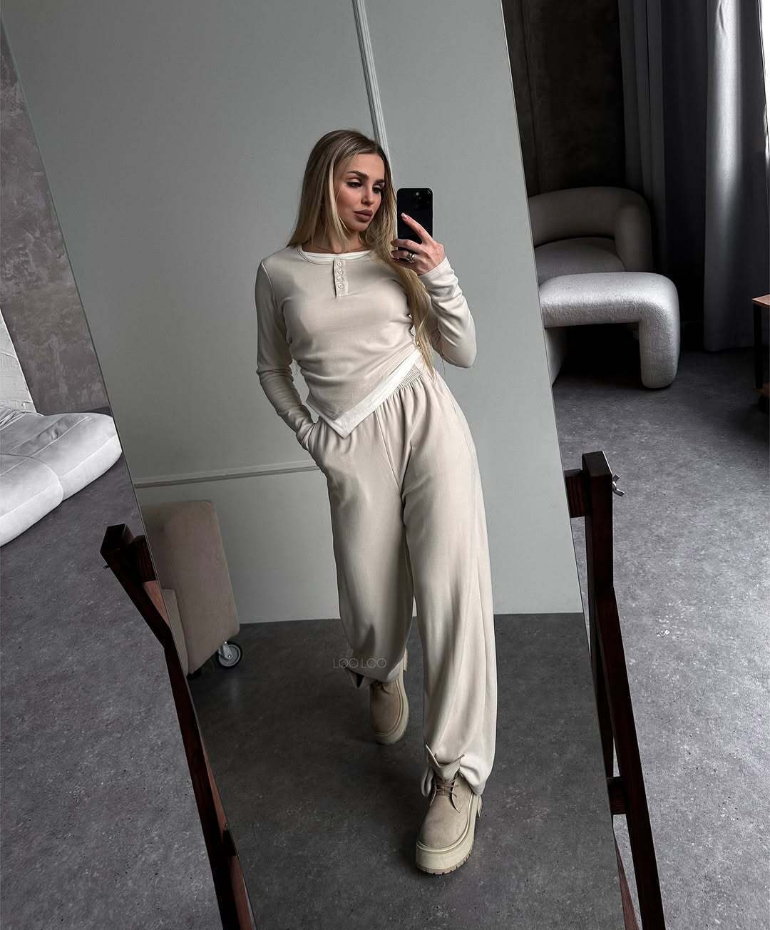 Damen gemütlicher Lounge-Anzug mit elegantem Kragen und weitem Bein Stalluxe