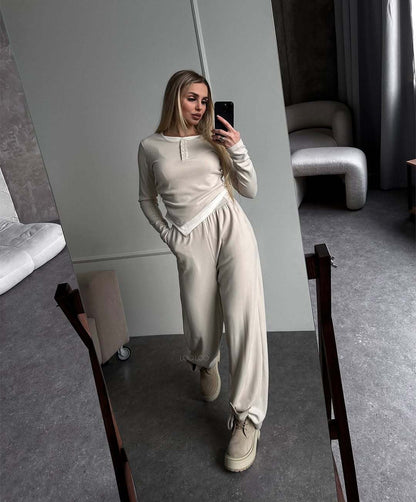 Damen gemütlicher Lounge-Anzug mit elegantem Kragen und weitem Bein Stalluxe