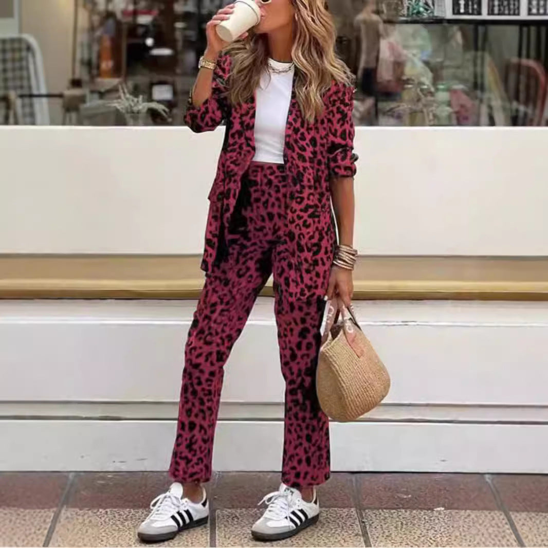 Women's Chic Animal Print Blazer and Trousers Set Stalluxe