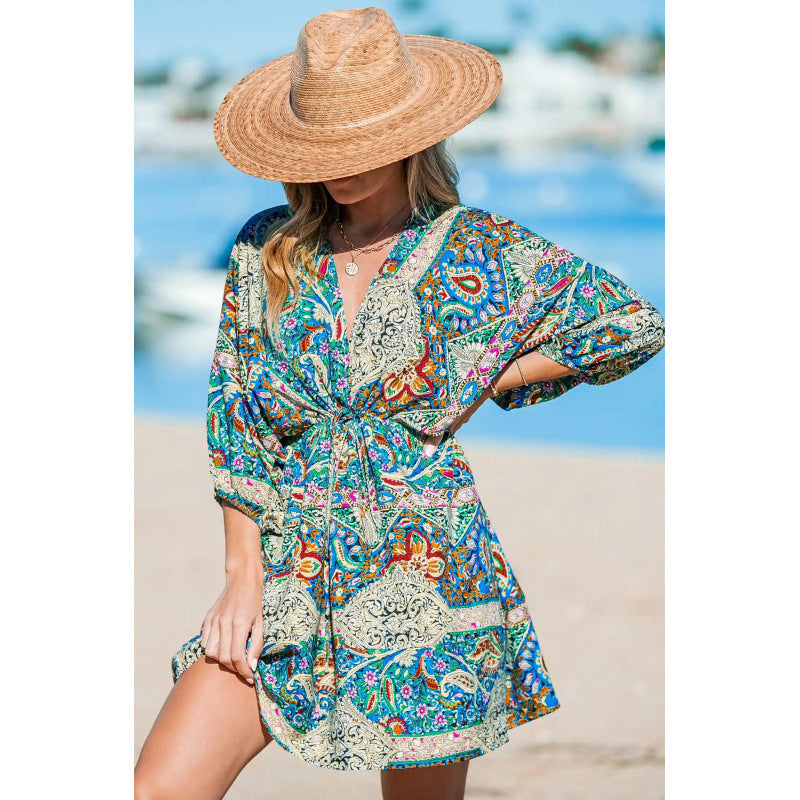 Damen Strandkleid mit Wickeloptik und modischem Muster Stalluxe Blaue Blumen