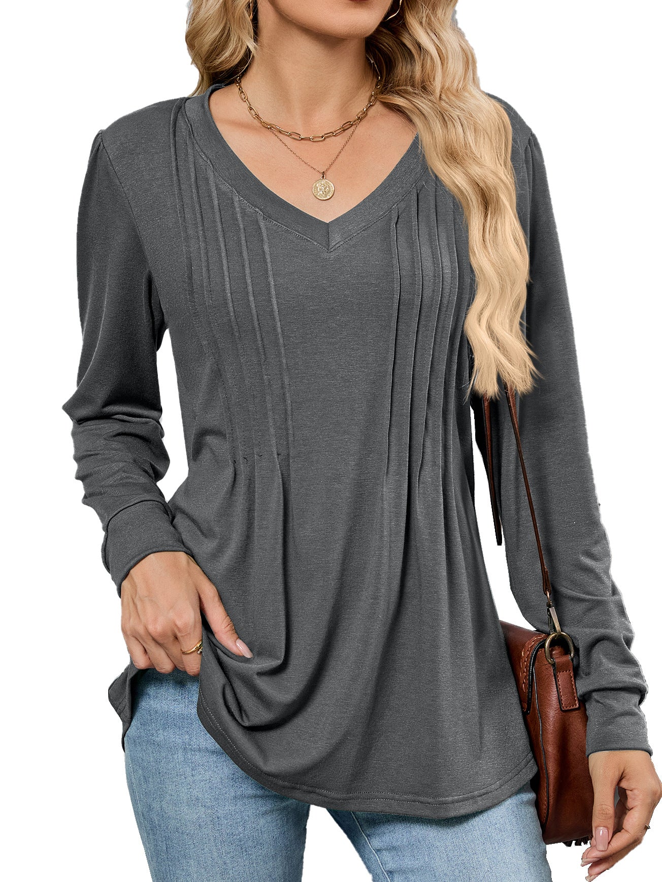 Damen Viskose Blusenshirt mit eleganten Falten und V-Ausschnitt Stalluxe