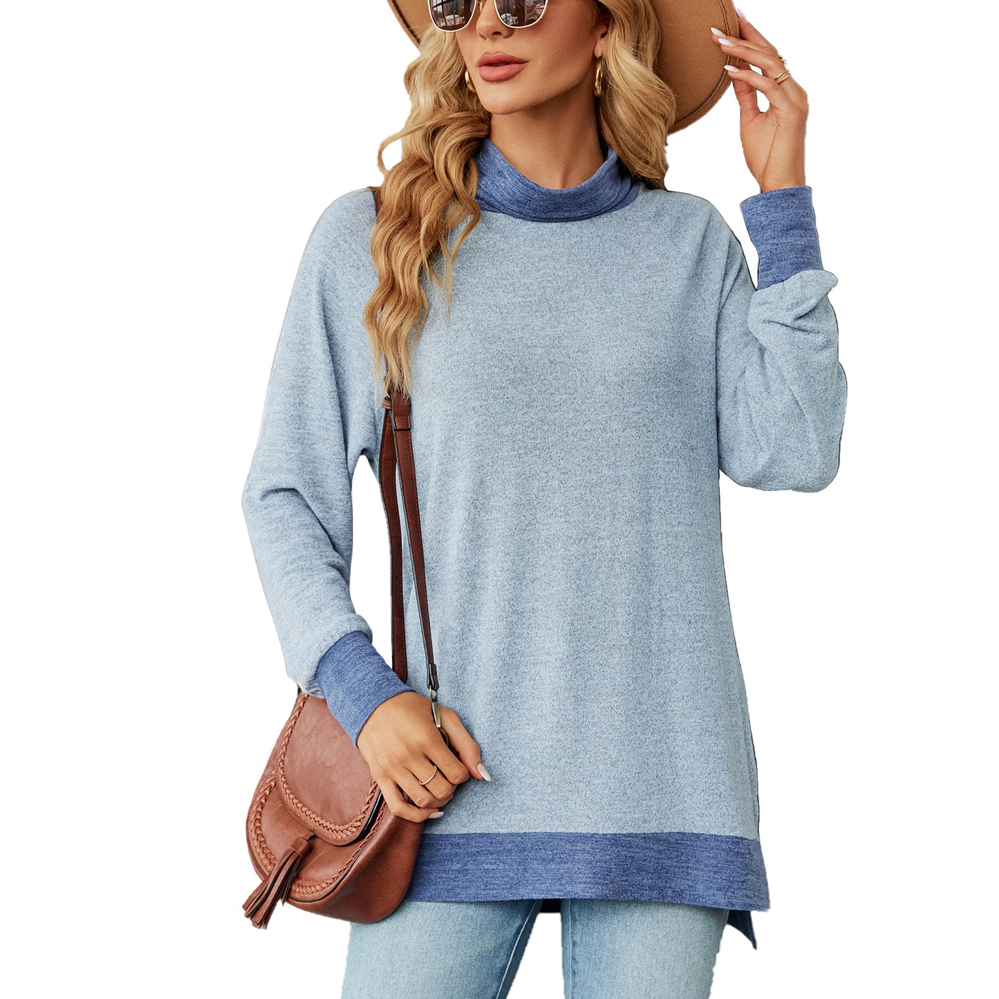 Damen Oversized Pullover mit hohem Kragen und Kontrastärmel Stalluxe