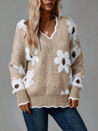 Damen Strickpullover mit floralem Design und V-Ausschnitt Stalluxe
