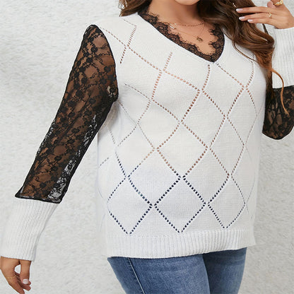 Damen Strickpullover mit eleganten Spitzenärmeln und rautenförmigem Muster Stalluxe