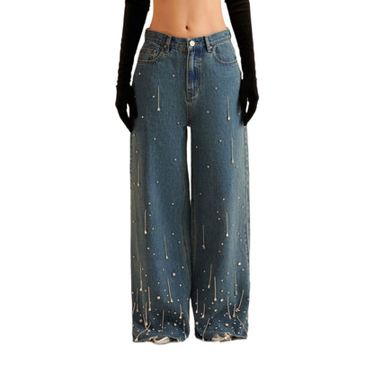 Damen Weit geschnittene Jeans mit funkelnden Perlenakzenten und lässigem Design Stalluxe