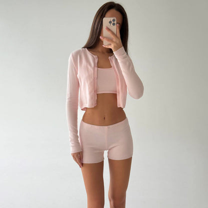 Damen Freizeit-Crop-Set mit knöpfbarem Cardigan und passendem Bustier Stalluxe