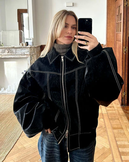 Damen Oversized Jacke im Jeanslook mit strukturierter Oberfläche und verstecktem Reißverschluss Stalluxe