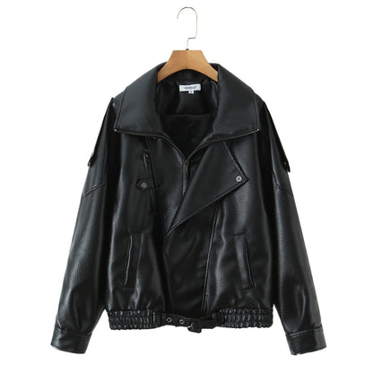 Damen Modische Kunstlederjacke mit erotischem Revers und elastischem Saum Stalluxe