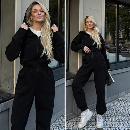 Damen Fleece-Jumpsuit mit Kapuze und praktischen Taschen Stalluxe
