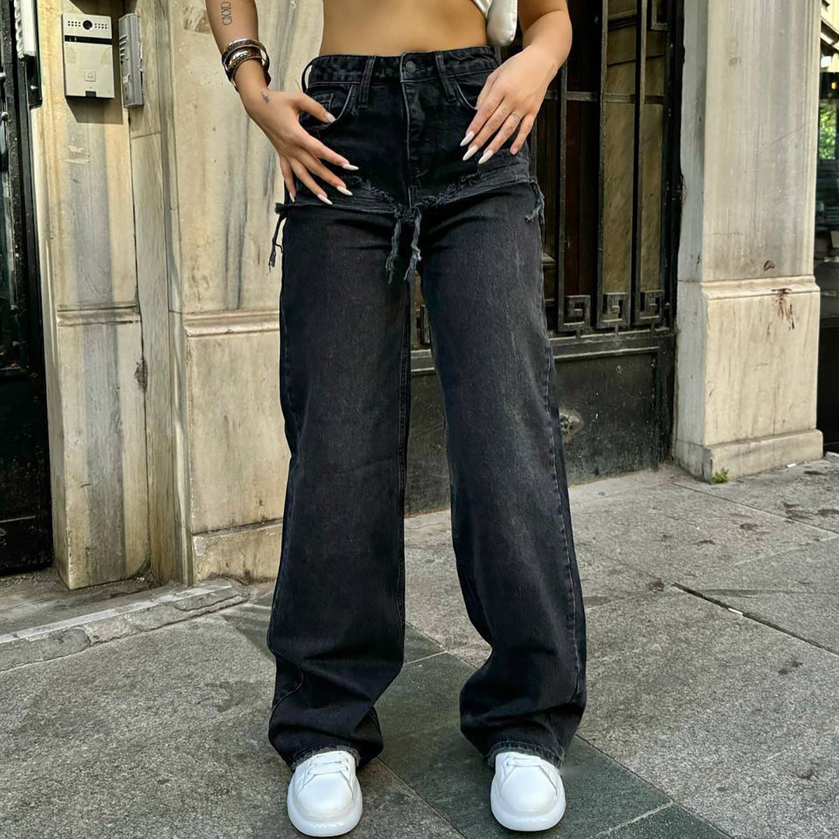 Damen Hohe Taillenjeans mit weitem Bein und Bindegürtel Stalluxe