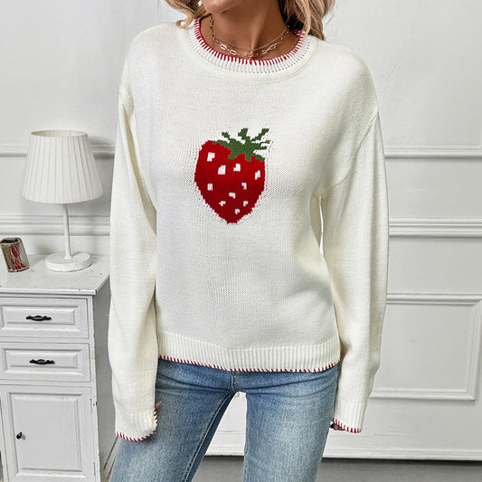 Damen Pullover mit Erdbeer-Motiv und Rippdetails Stalluxe