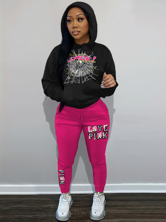 Damen Kapuzensweatshirt und Jogginghose Set mit kreativem Spinnennetz-Motiv Stalluxe