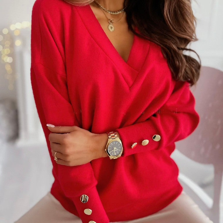 Damen Weicher Pullover mit tiefem V-Ausschnitt und dekorativen Knopfdetails Stalluxe