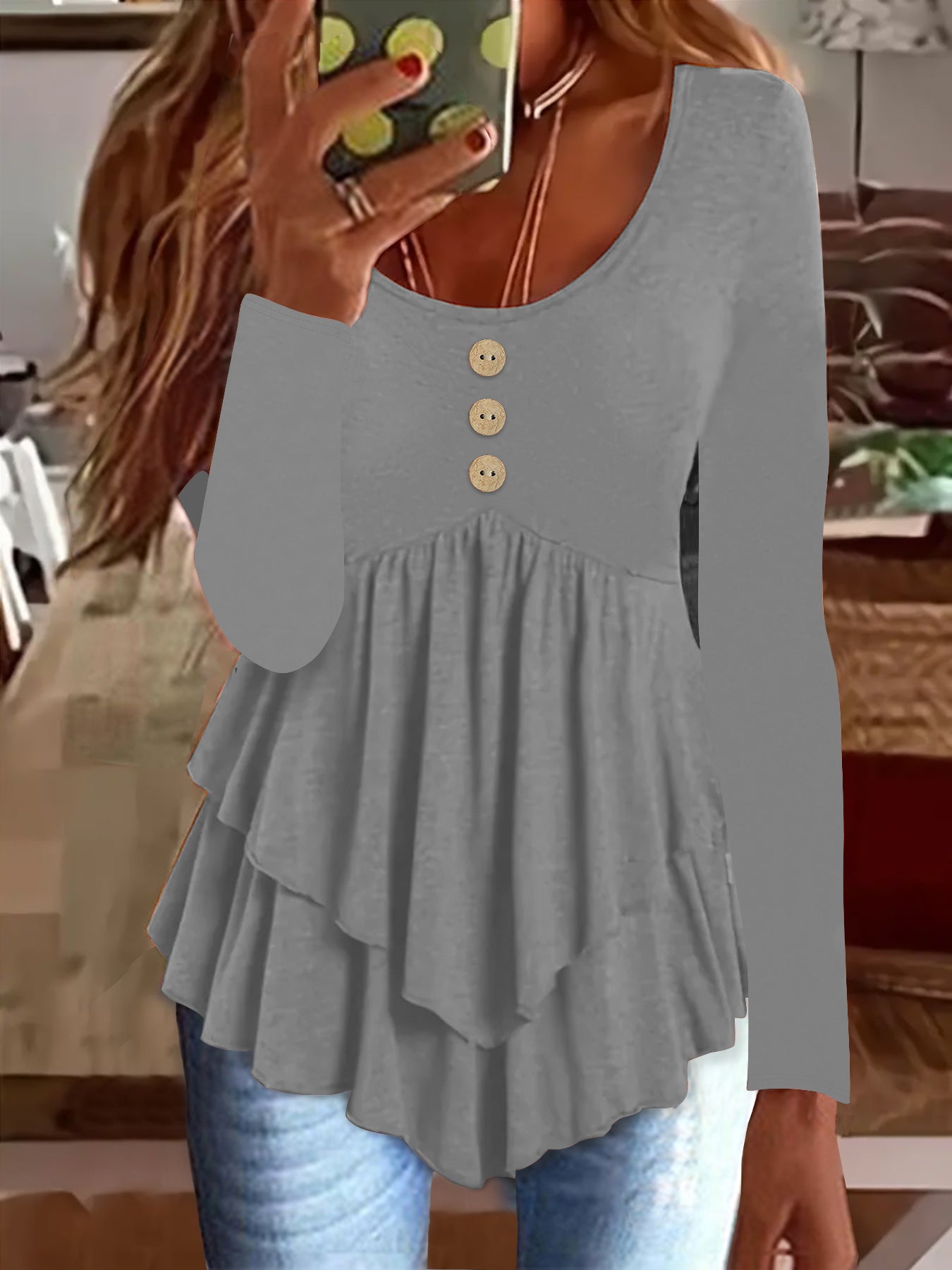 Damen Langarm Blusenshirt mit mehrlagigem Design und dekorativen Knopfdetails Stalluxe Grau