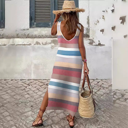 Damen Maxikleid mit modischem Streifenmuster und schickem Schlitz Stalluxe
