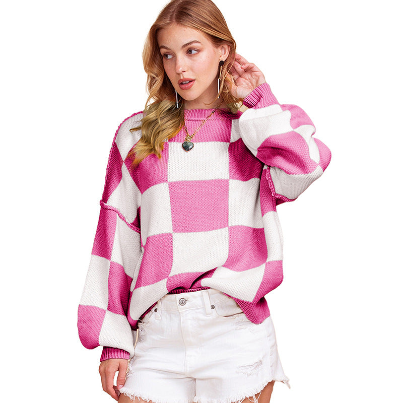 Damen Oversized Pullover mit Karomuster und voluminösen Ärmeln Stalluxe