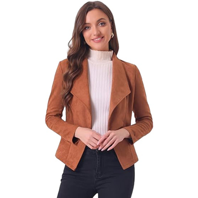 Damen modische Synthetiklederjacke mit offenem Schnitt und Taschen Stalluxe