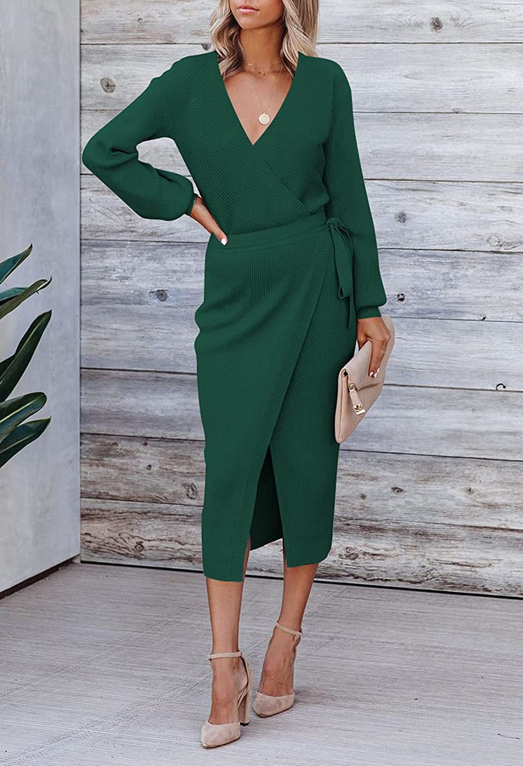 Damen Wickelkleid mit tiefem V-Ausschnitt und elegantem Gürtel Stalluxe