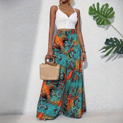 Damen Palazzo-Hose mit lebendigem Palmenmuster und elastischem High-Waist-Bund Stalluxe
