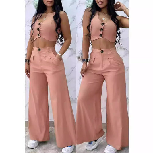 Damen Zweiteiliges Set mit hoch taillierter Hose und knöpfigem Crop-Top Stalluxe
