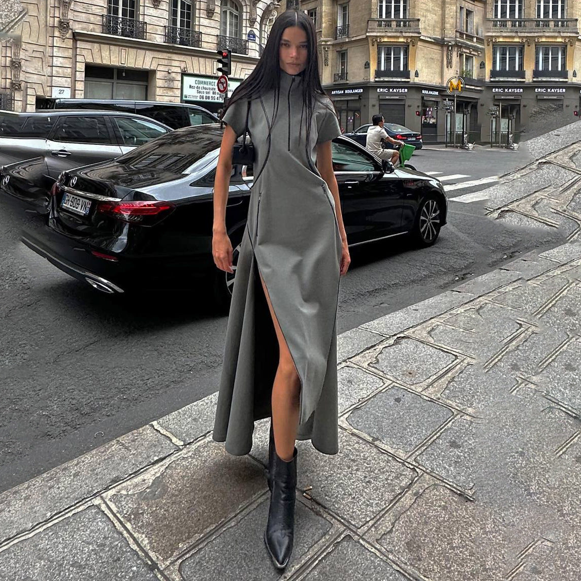 Damen Maxi-Kleid mit hohem Schlitz und stehendem Kragen Stalluxe