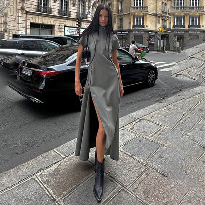 Damen Maxi-Kleid mit hohem Schlitz und stehendem Kragen Stalluxe