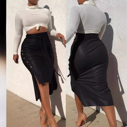 Damen Kunstlederrock mit Knopfdetails und seitlichem Schlitz Stalluxe