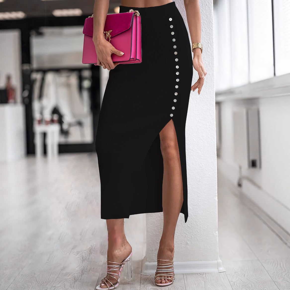 Damen Eleganter Strickrock mit Knopfdetail und Schlitz Stalluxe