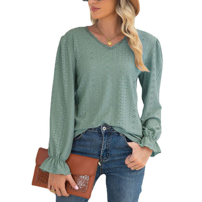 Damen Blusenshirt mit Lochmuster und elastischen Ärmelbündchen Stalluxe