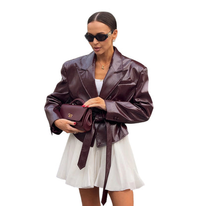 Damen edle, figurbetonte Lacklederblazer mit hochgeschlossenem Kragen und Taillengürtel Stalluxe
