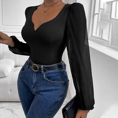 Damen Eleganter Body mit romantischen Puffärmeln und V-Ausschnitt Stalluxe