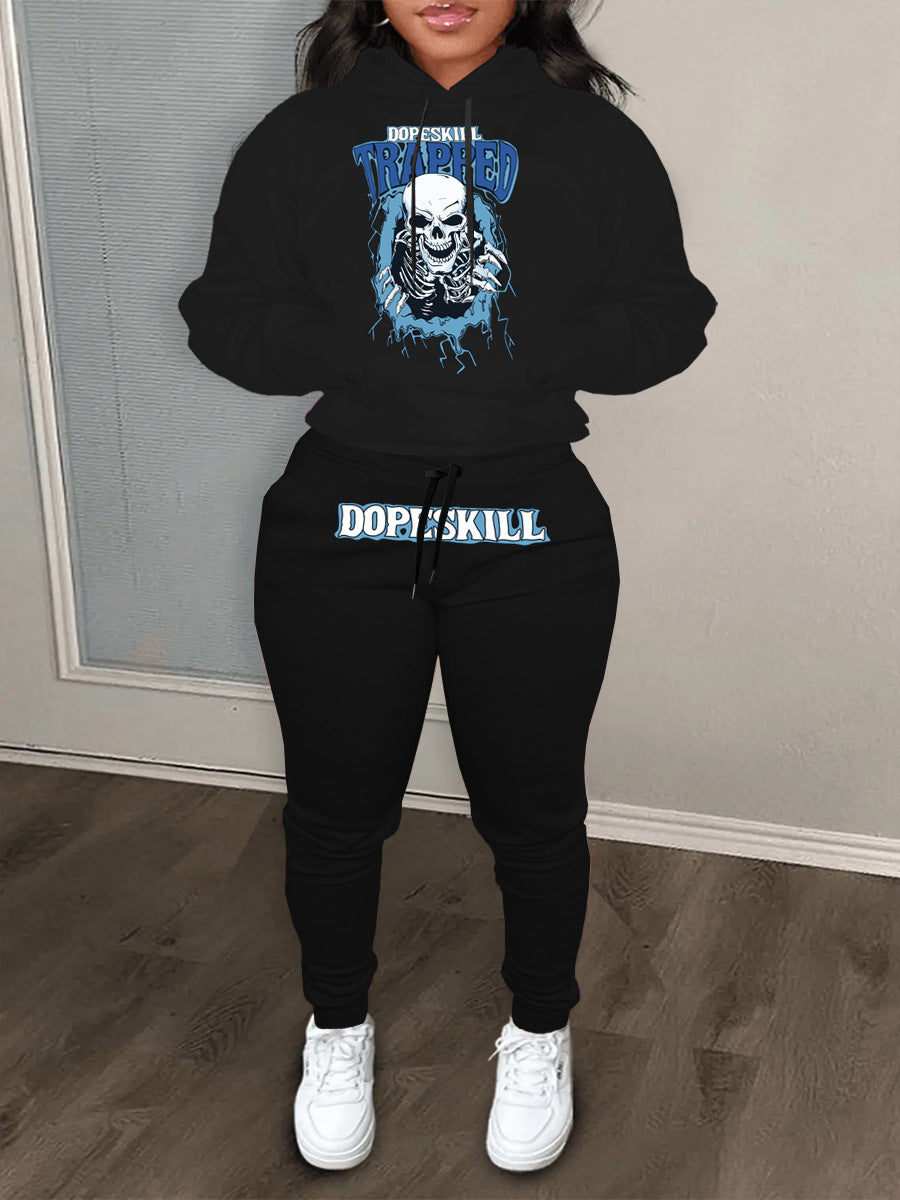 Damen Hoodie und Jogginghose Set mit auffälligem Skelettmotiv Stalluxe