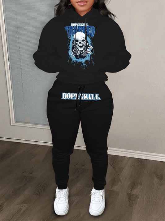Damen Hoodie und Jogginghose Set mit auffälligem Skelettmotiv Stalluxe