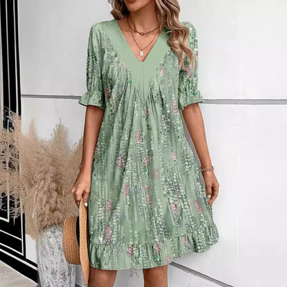 Damen Freizeitkleid mit tiefem V-Ausschnitt und modischen Puffärmeln Stalluxe