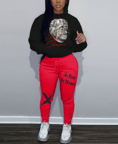 Damen Kapuzenpullover und Jogginghose Set mit auffälligem Geldmotiv Stalluxe