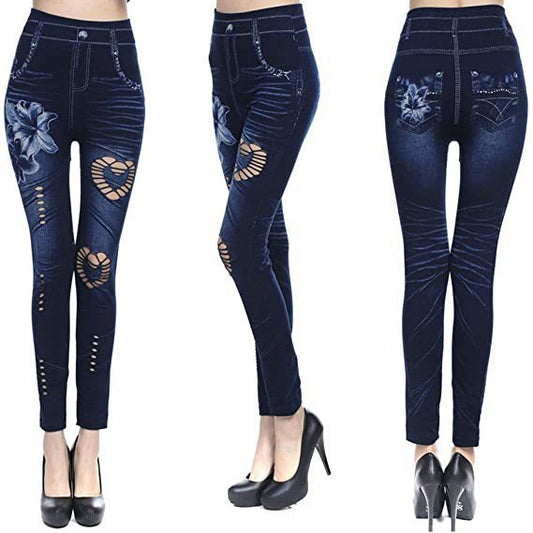 Damen Floral-Design Hochbund-Leggings aus Denim Stalluxe