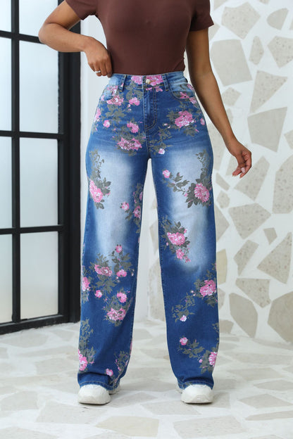 Damen Blumige Wide-Leg Jeans im modischen Design mit hohem Bund Stalluxe