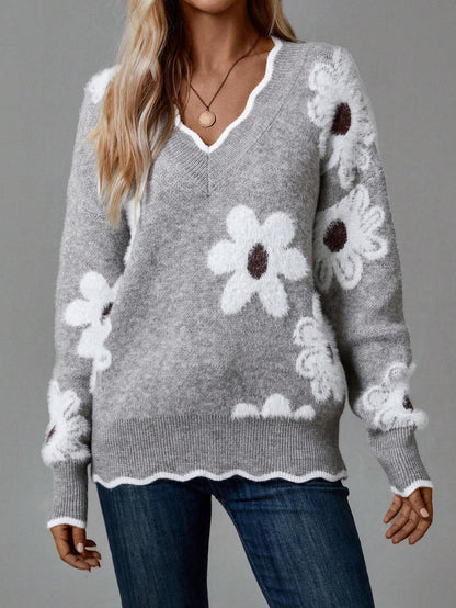 Damen Strickpullover mit floralem Design und V-Ausschnitt Stalluxe
